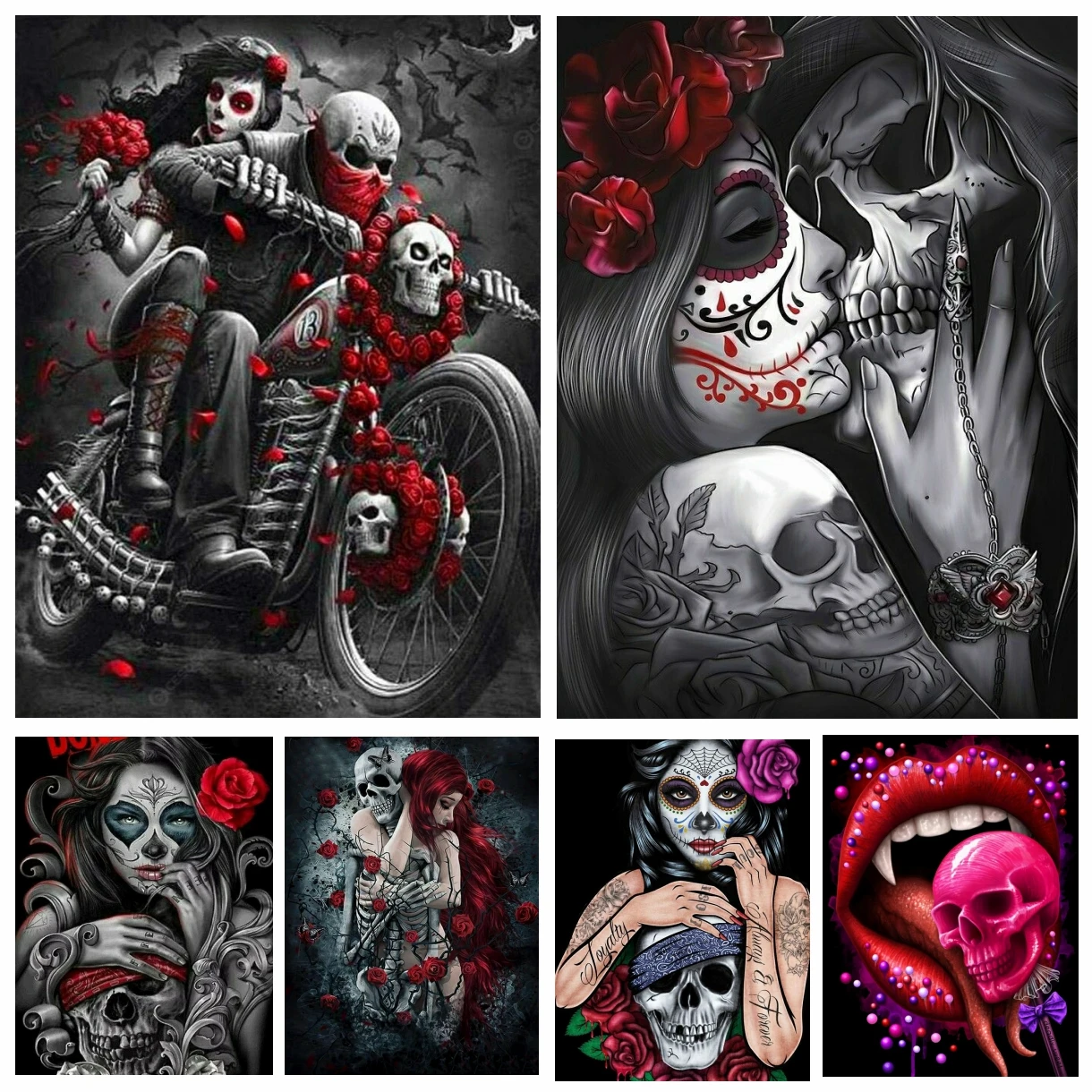 

Gothic Skeleton Hugs Girl DIY Diamond Painting Vampire Lips Skull Horror Different Love Mosaic Cross Stitch Kits Art Home Decor