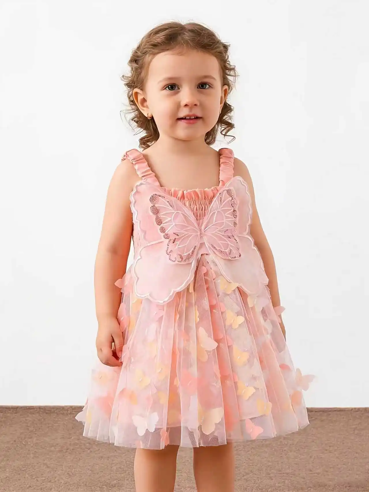 Toddler Girl 3D Butterfly Decor Dress Pink Tulle Sleeveless Dress Kids Summer Princess Party Dress