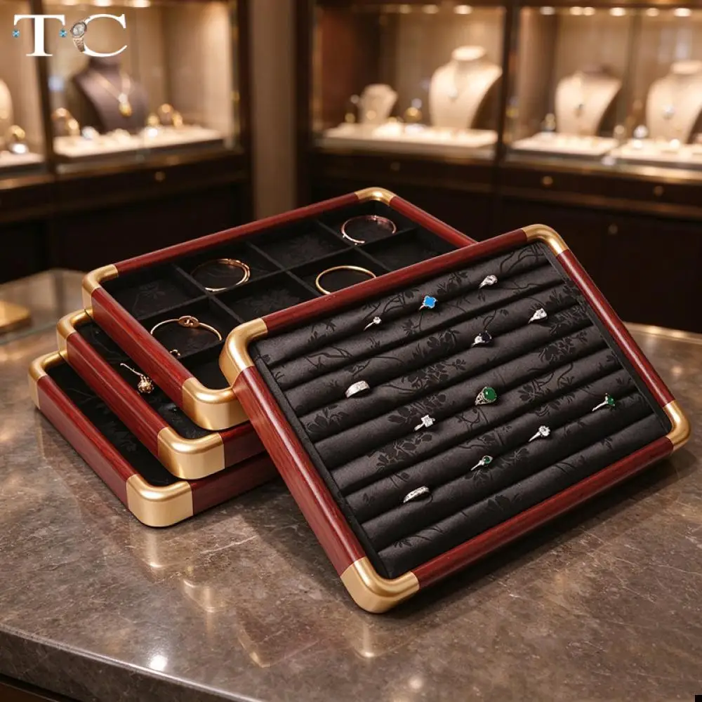 Wooden Velvet Satin Jewelry Tray for Storing and Displaying Ring Earring  Necklace and Bracelet with Gold-Colored Rounded Corner