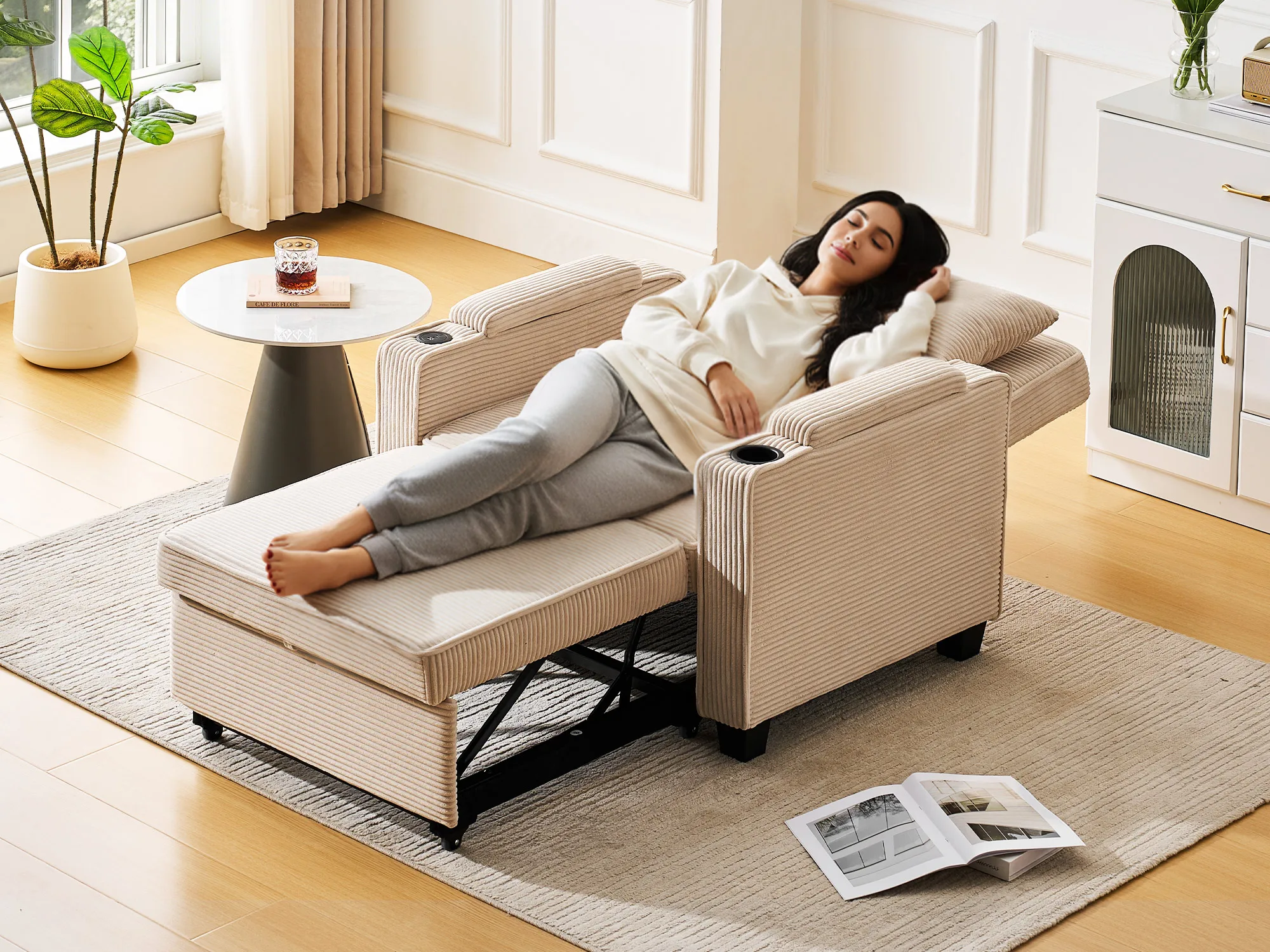 Einzelsofa, 3-in-1-Liegesofa, ausziehbarer Cord-Sessel mit USB-Anschlüssen, 3-fach verstellbare Rückenlehne (105 cm) ° -160 ° Aufbewahrung – Detail 6