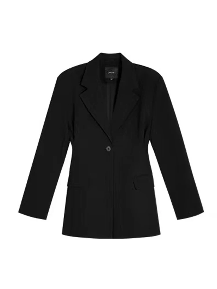 [LANMREM] Pleasted Gathered Black Blazers For Women Single Button Office Lady Jackets Fashion Coats 2024 Spring New 26D8981