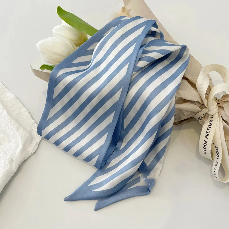 Luxury Light Blue Color Series Silk Scarf Hair Band Ribbon Tied-Up Hair Long Bow Vintage Satin Ribbon Hair Accessories