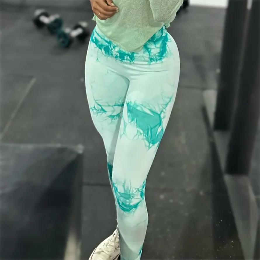 Women Tie Dye Seamless Gym Leggings Push Up Sports Fitness Butt Lifting Yoga Running Pants Elastic Nylon Tights Leggins Green