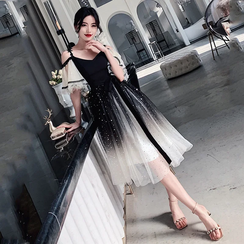 Evening Dresses Boat Neck R262 Elegant Black Gradient Robe De Soiree Spaghetti Strap Sequin Tulle Plus size Women Party Gowns