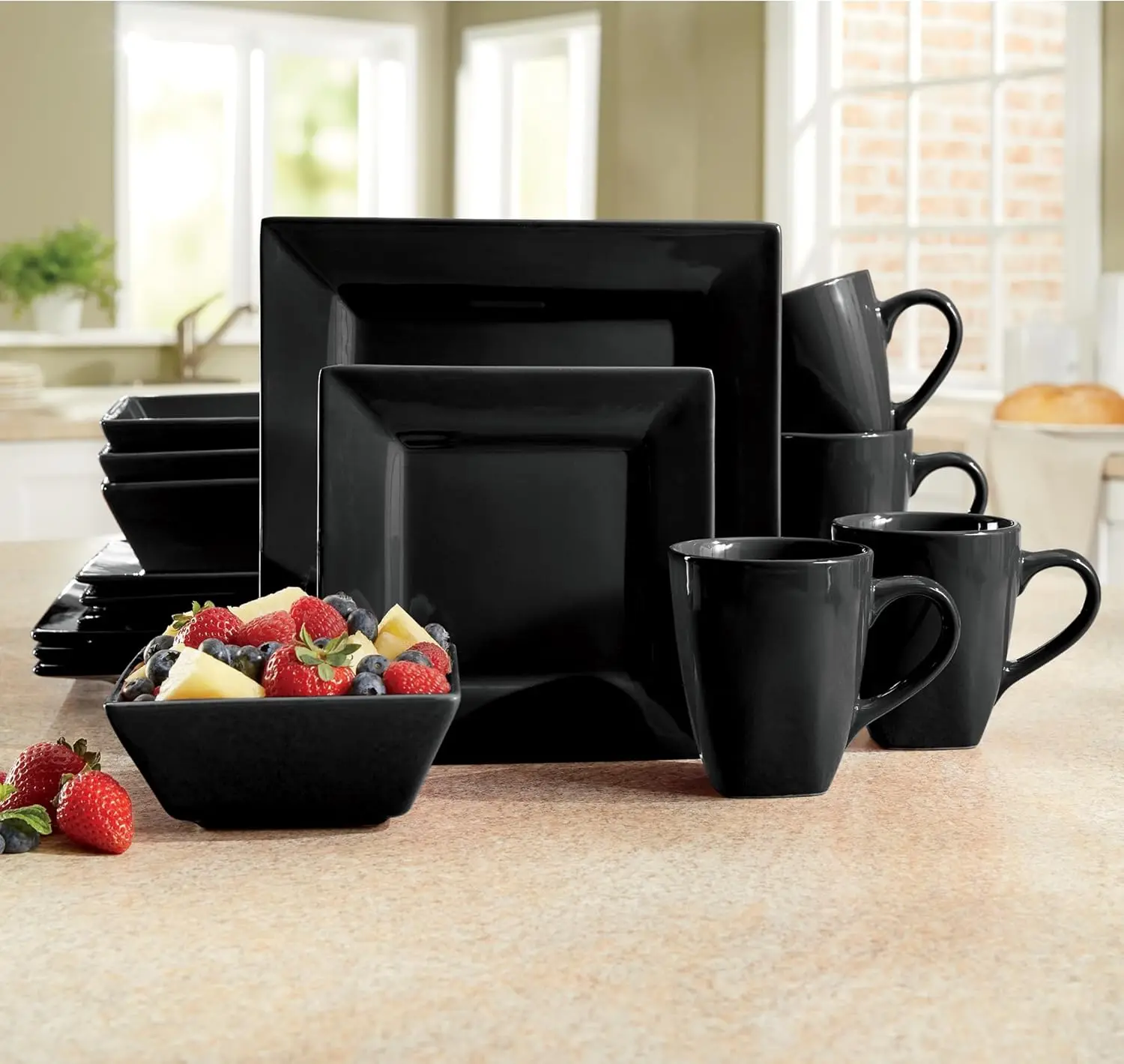 

16-Piece Sleek Black Square Dinnerware Set for 4 - Modern Stoneware Plates and Bowls Set (Black)