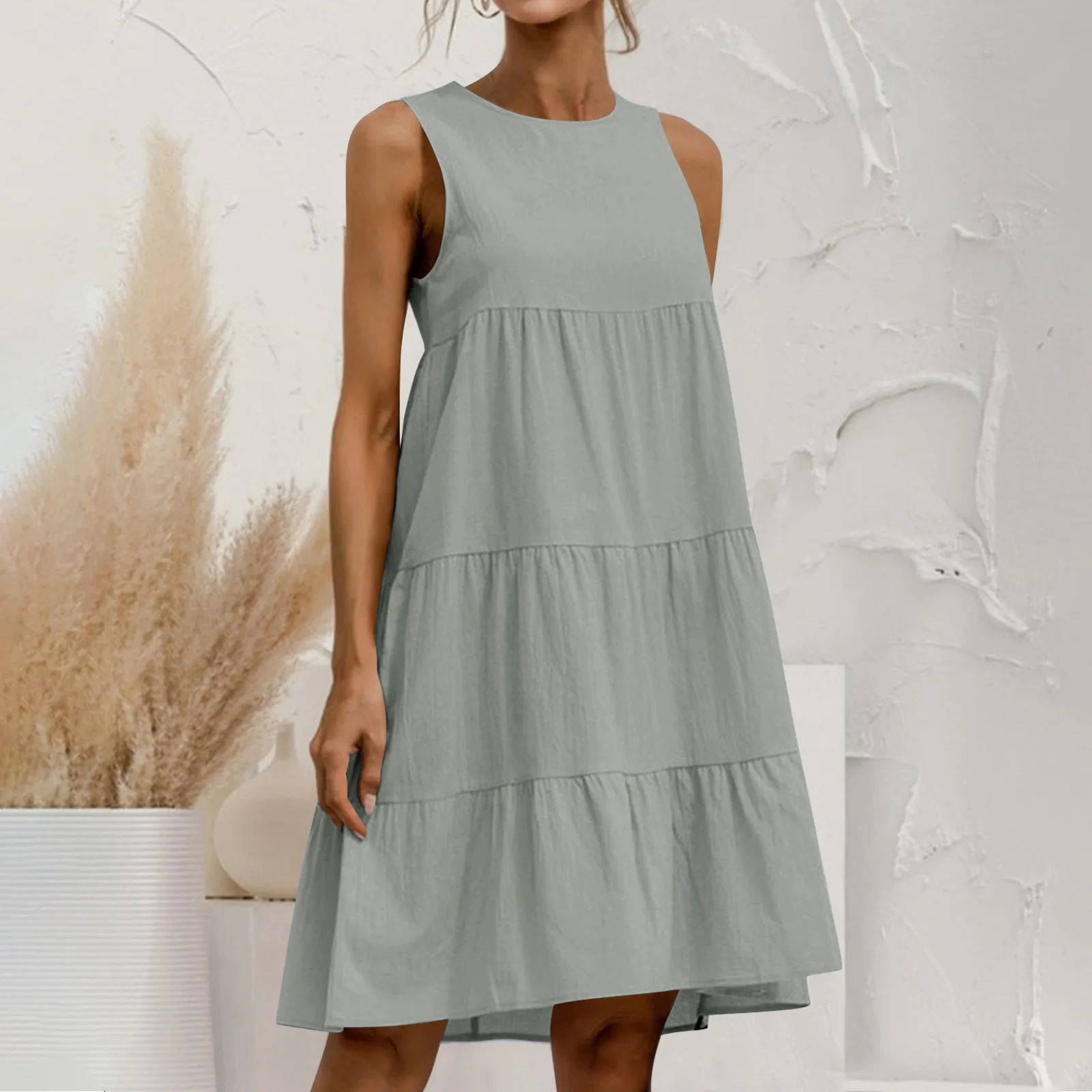 Scollo a V grande altalena tinta unita allentato senza maniche Boho le donne indossano abiti estivi casual con canotta smock abiti lunghi vestito estivo a pieghe