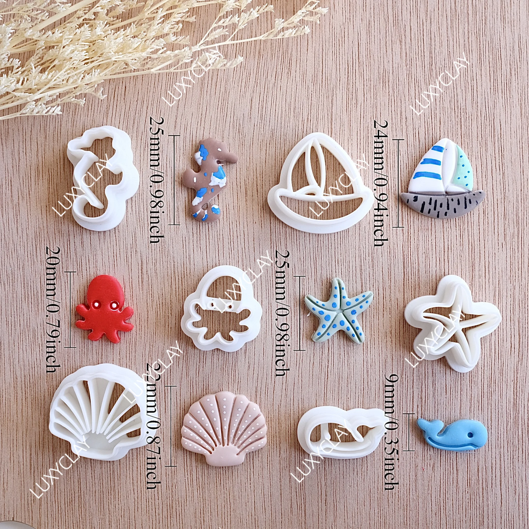 6pcs/set Summer Sailboat Seahorse Octopus Starfish Shell Whale Shape Clay Cutters for Earring & Jewelry Making, Ocean Clay Molds