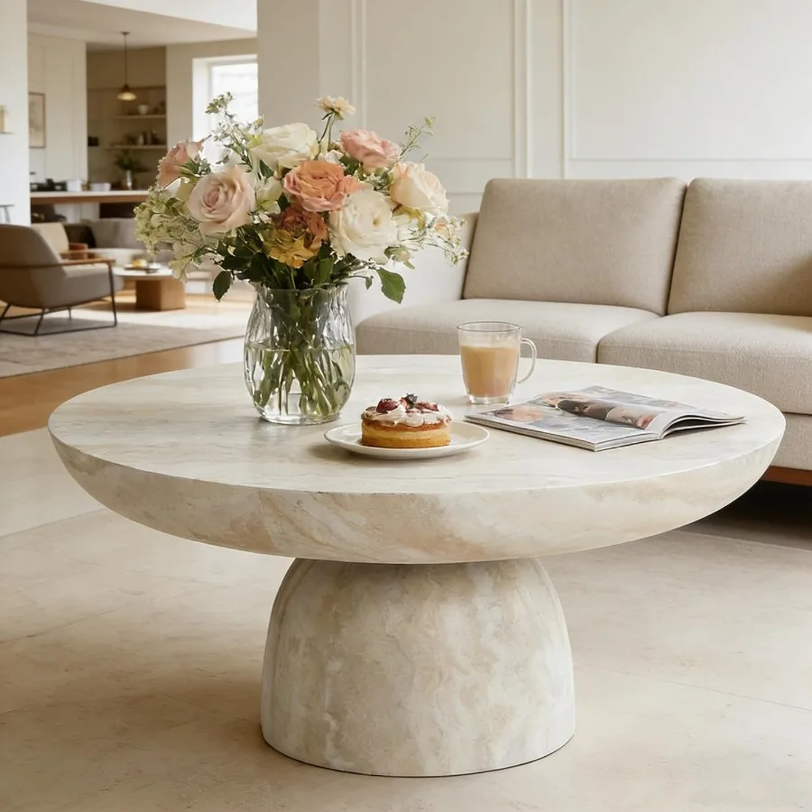 31.5 Modern Faux Marble Coffee Table for Living Room Apartment Home, Fiberglass Drum Circle Center Table with Cylindrical Leg,