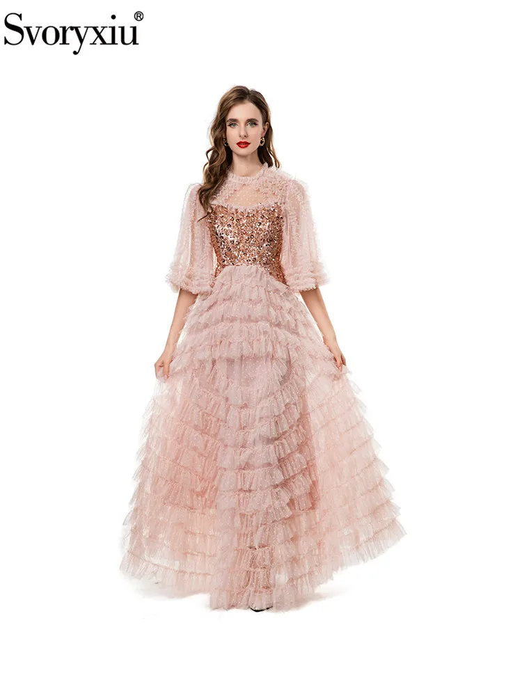 

Svoryxiu Spring Fashion Pink Gorgeous Elegant Big Swing Long Dress Women's Flounces Collar Net Yarn Sequins High Waist Dresses