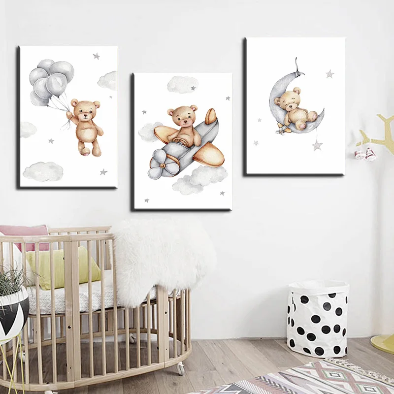 Wall Art Canvas Bear Moon Balloon Animal Poster Painting Nursery Child Picture Print Cartoon Nordic Kid Baby Bedroom Home Decor