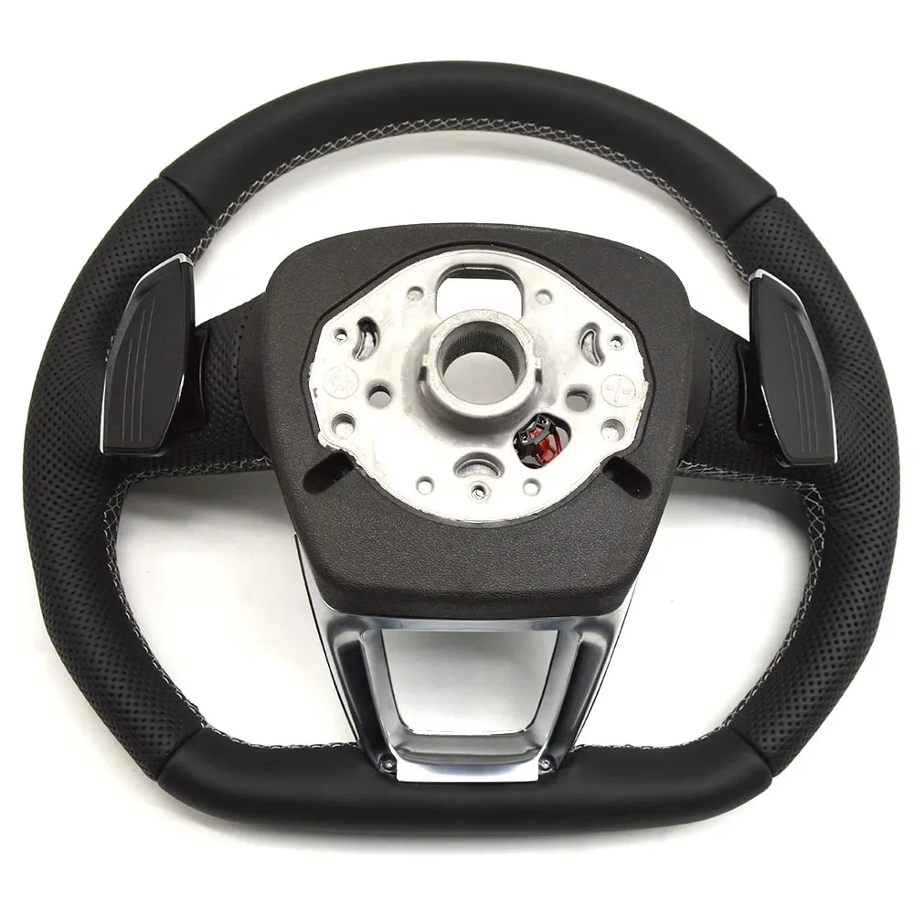 For Audi Q5 FY Heated White  Stitching Perforated Leather Flat Bottomed Steering Wheel With Paddles Buttons Key Frame Assembly