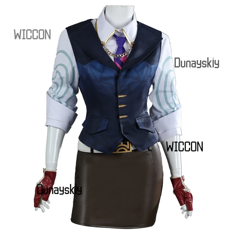 $*()Valorant Genderbend COS - مجموعة بدلة نسائية من حجر الحواف المريمية ذات قفازات وربطة عنق لمؤتمرات الرسوم المتحركة/الهالوين