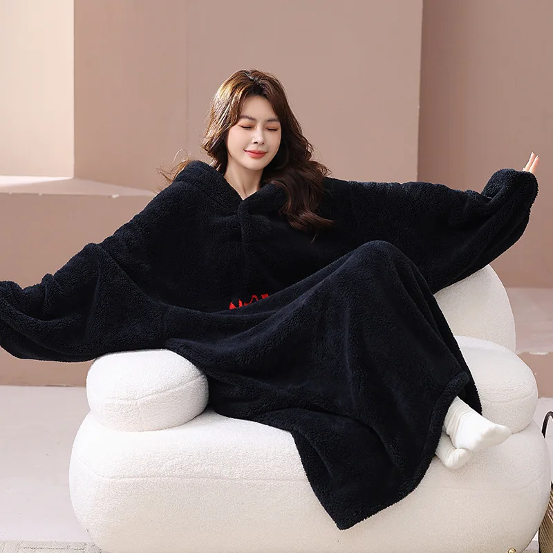 Autumn and Winter Women\'s New Nightgown Robe Hooded Shu Cotton Velvet Lazy Robe Bathrobe Thickened Large Size Pajamas Home Wear