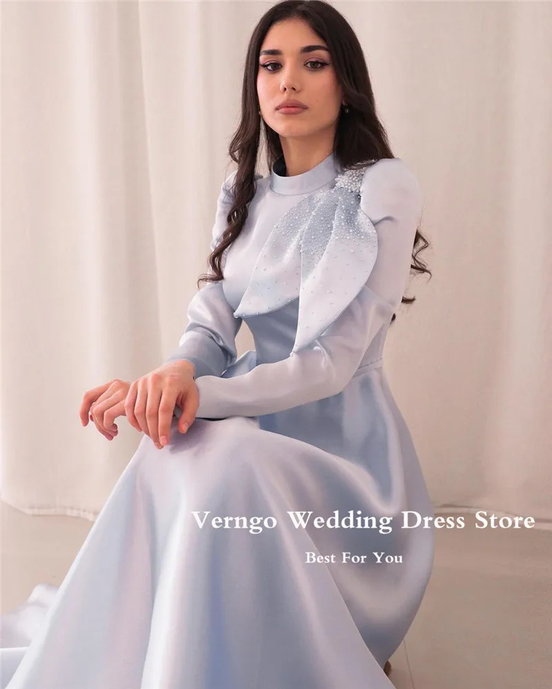 Verngo Modest Elegant Light Blue Evening Dresses Arabic Women High Neck Long Sleeves Beads Bow Satin Prom Gown Customized