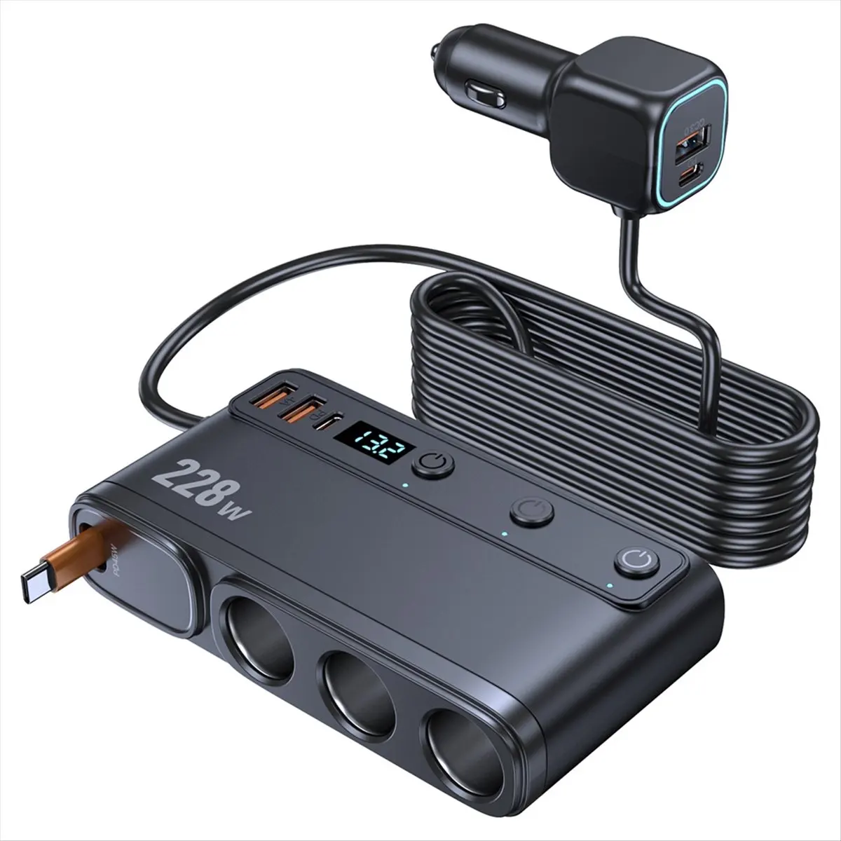 [TOP SALE] 228W Car Charger Adapter 3-Socket Lighter 3-Ports QC3.0 USB Charger with Stretchable PD Type-C Fast Charging