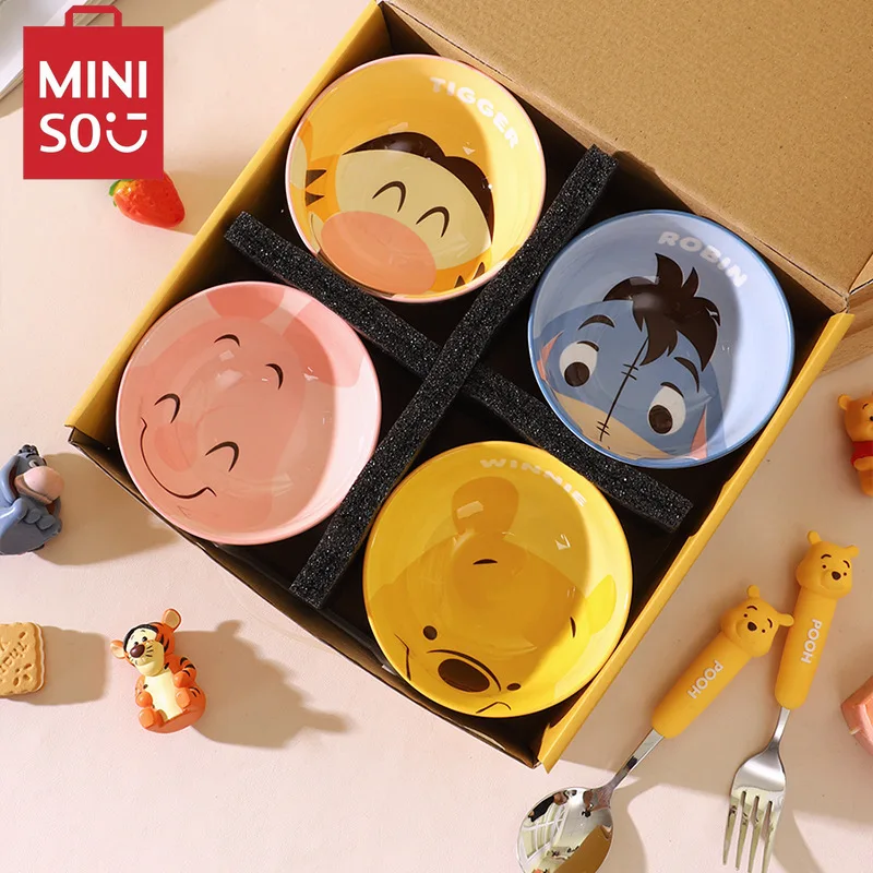 MINISO Disney cute high temperature ceramic rice bowl Winnie 4 bowls gift box set Internet celebrity tableware souvenir