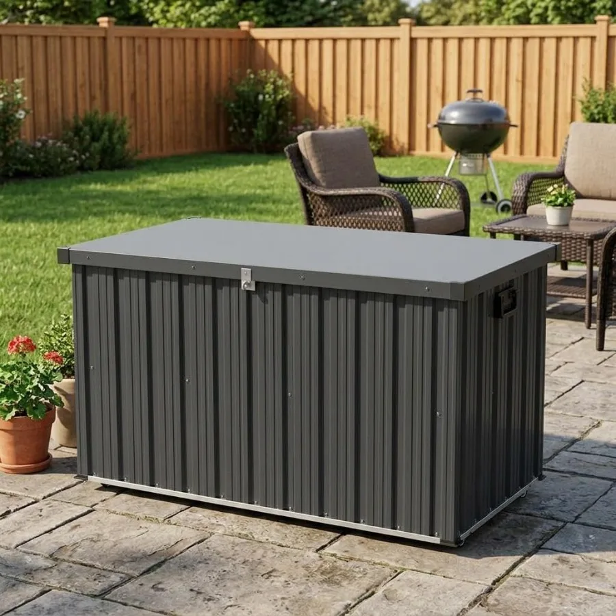 Outdoor metal deck box for patio, galvanized steel, gray, waterproof with dual gas struts, wheels, handles, large capacity stor