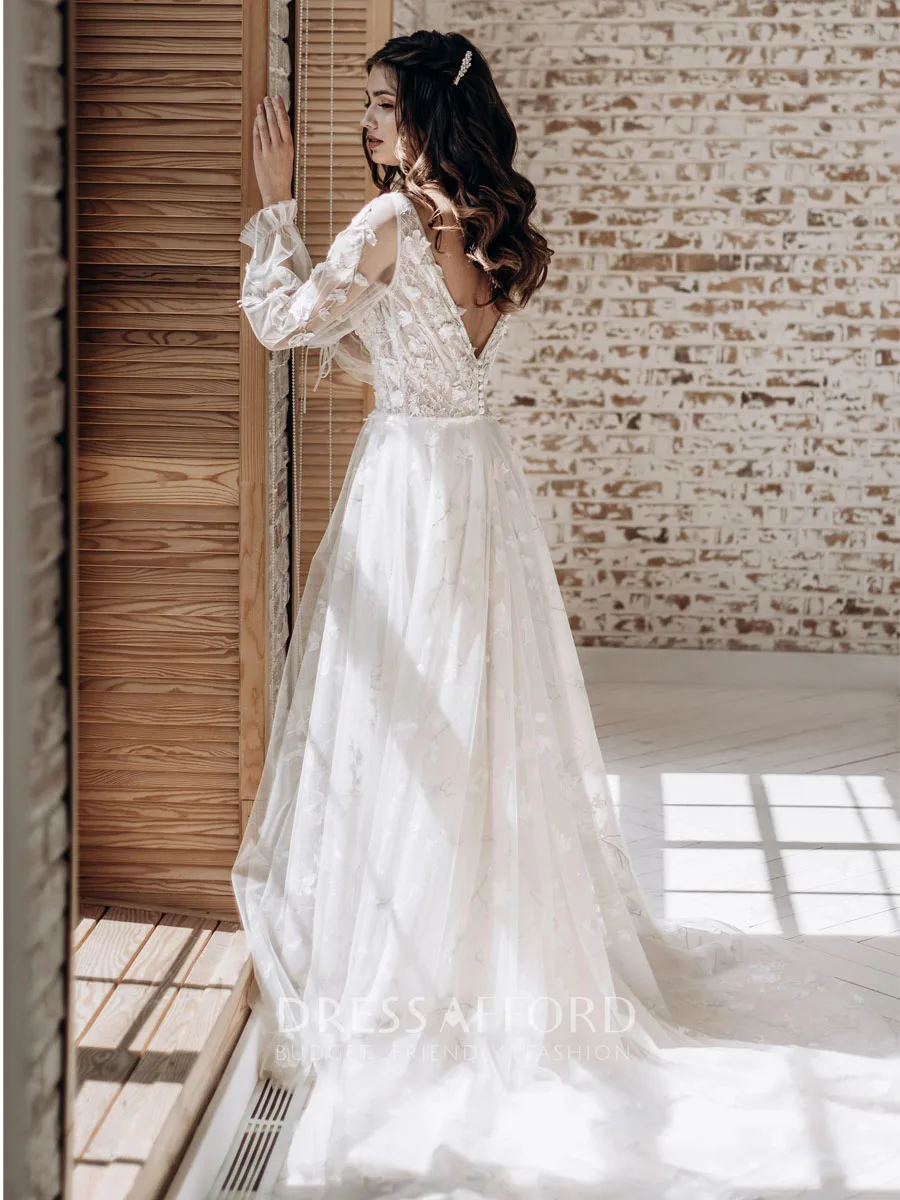 2024 Illusion V-Neck Open Back A-Line Wedding Dresses Long Sleeve Appliques Lace Bridals Gowns Vestidos De Novia image 3