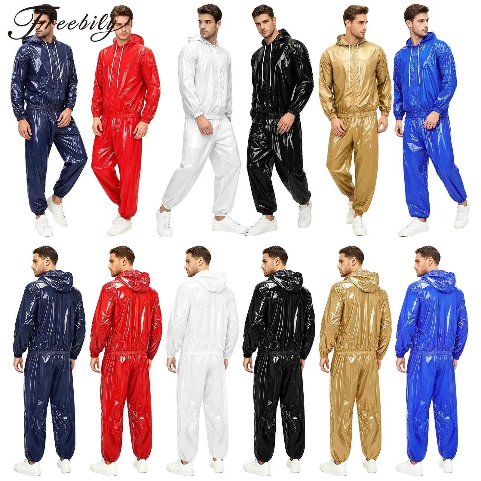

Mens Waterproof Hiking Fishing Workout Outfit Long Sleeve Front Zip-up Drawstring Hood Jacket Windbreaker And Jogger Pants Set