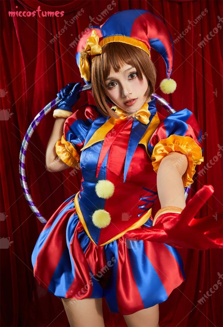 Miccostumes Women Clown Cosplay Costume Blue Red Jumpsuit and Hat with Gloves and Socks