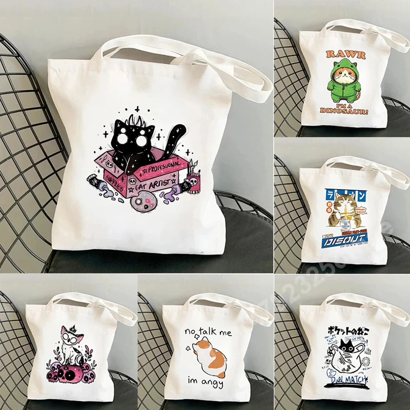 Cute Cartoon Animal Shoulder Bag Tote for Girl\'s Dinosaur Shark Cat Print Handbags Travel Storage Ladies Eco Cloth Shopping Bags