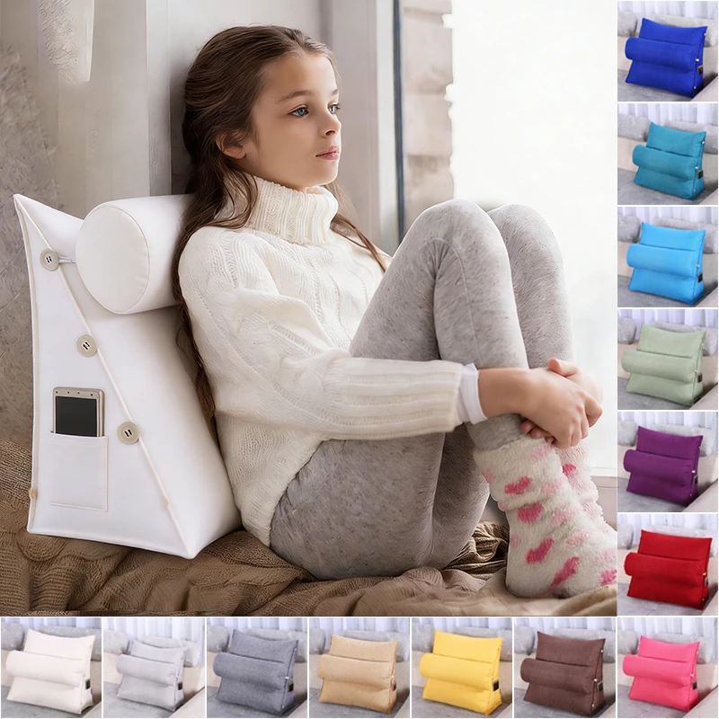 Premium Faux Linen Triangle Wedge Pillow Memory Foam Backrest Cushion Removable Washable Lumbar Support for Bed Sofa Bay Window