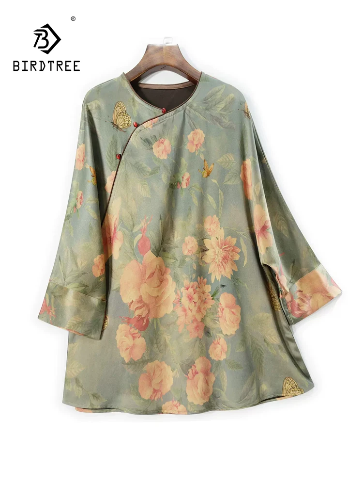 

BirdTree, 60MM Silk Watered Gauze Elegant T-Shirt, Women Batwing Sleeve Flower, Retro Loose Commute Tops, 2024 Summer T462134QC