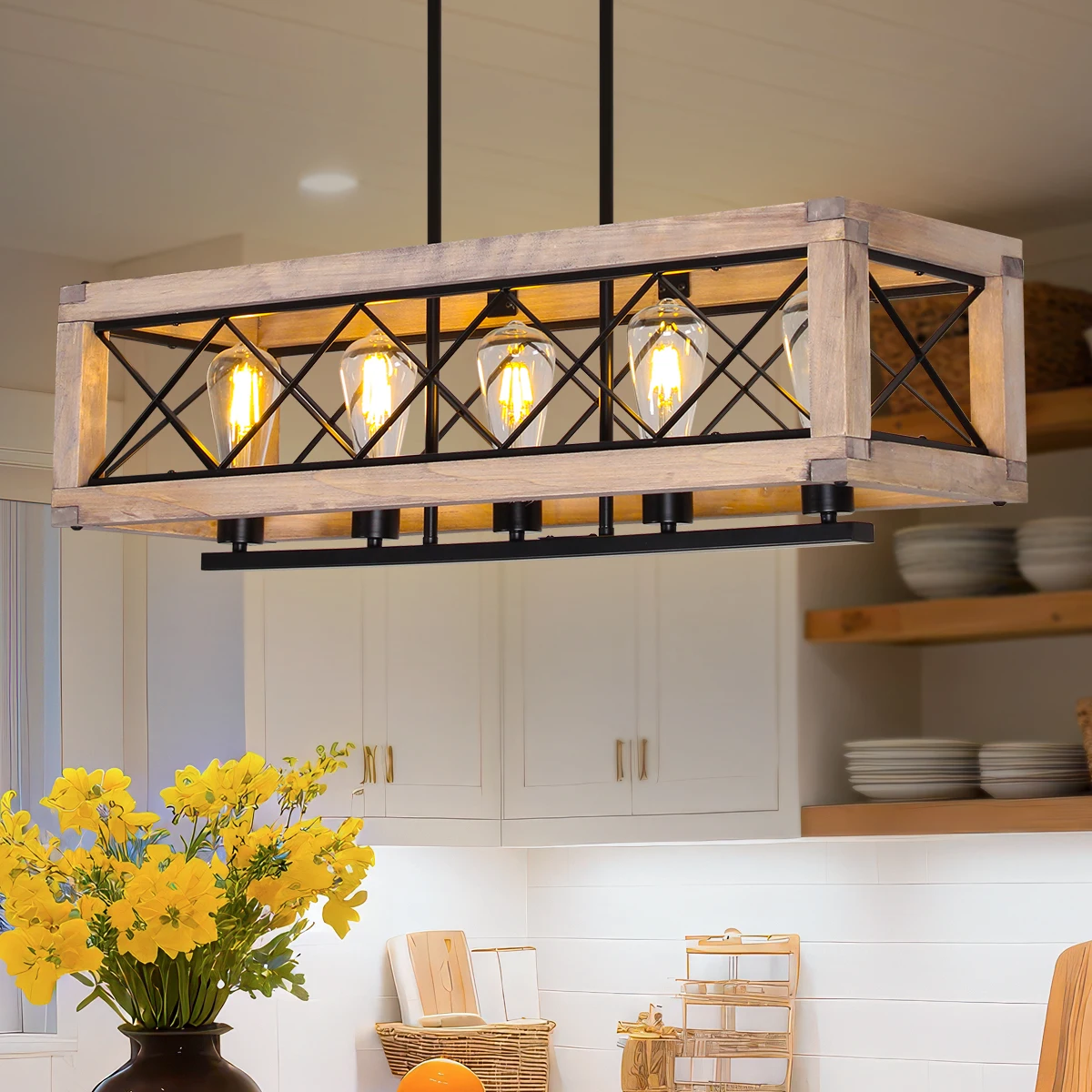 

Restaurant kitchen island style ceiling chandelier, height adjustable wooden chandelier, ceiling light fixture chandelier