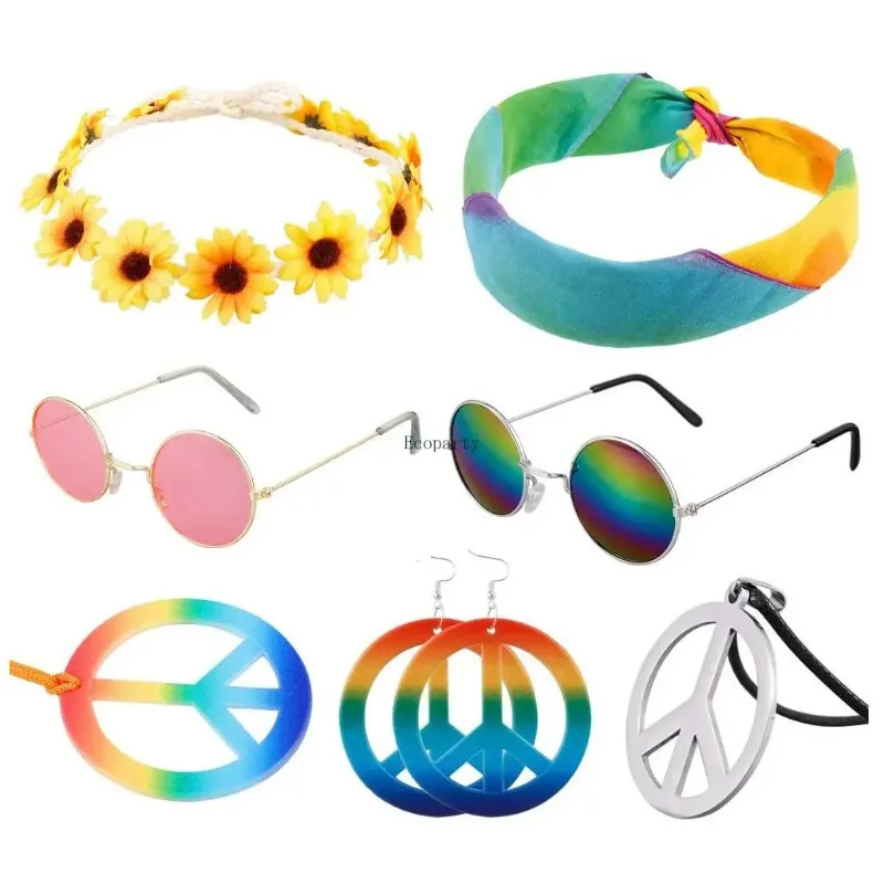 

Pieces Hippie Costume Accessories Set Includes Rainbow Peace Sign Necklace Flower Crown Headband Hippie Sunglasses 60s costume