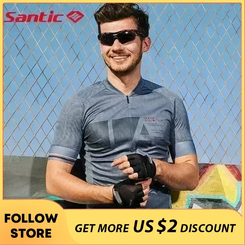 Santic Men Cycling Jerseys Half Zipper MTB Bike Sports Shirts Breathable Mesh Mountain Riding Clothing Sport T-shirts Asian Size