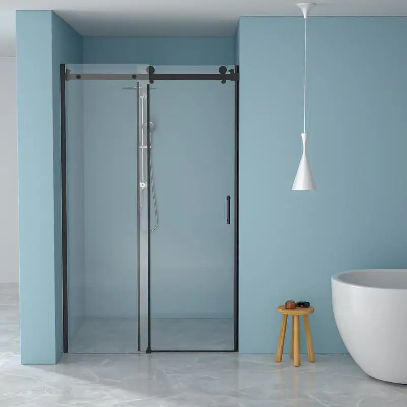 

48" W x 76" H Single-Slide Shower Door - 8mm Tempered Glass with Stainless Steel Frame, Matte Black Finish for Modern Bathrooms