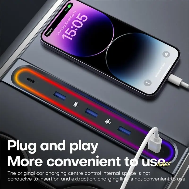 محطة إرساء ذكية لملحقات تسلا موديل Y 2023 موديل 3 5 منافذ 27 وات شاحن سريع مع محور تحويلة أضواء Led