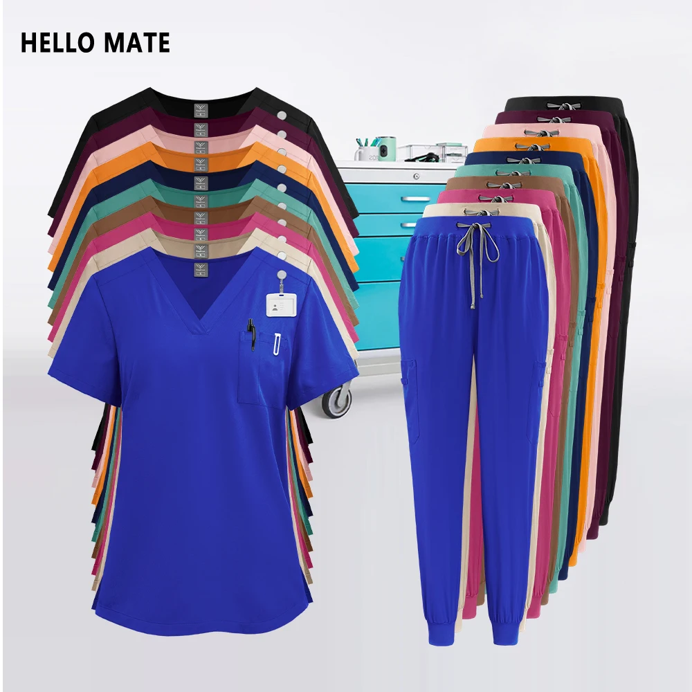 

Unisex Medical Uniforms V-neck Pockets Clinical Scurbs Set Doctor Nurse Short Sleeve Workwear Hospital Dental Surgery Top Pants
