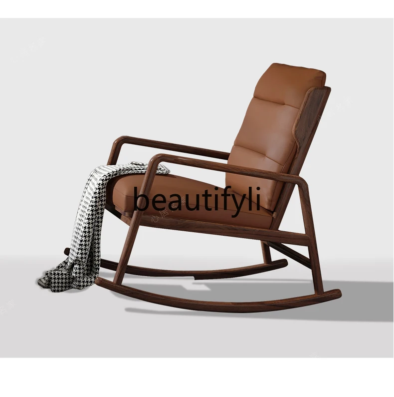 

New Chinese-style solid wood single recliner casual lazy rocking chair black walnut