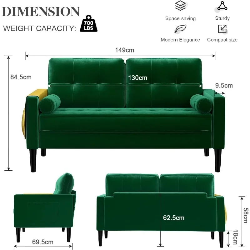 58 Inch Green Loveseat Sofa, 2 Seater, Button Tufted Velvet Couch with 2 Pillows, for Living Room, Bedroom, Apartment