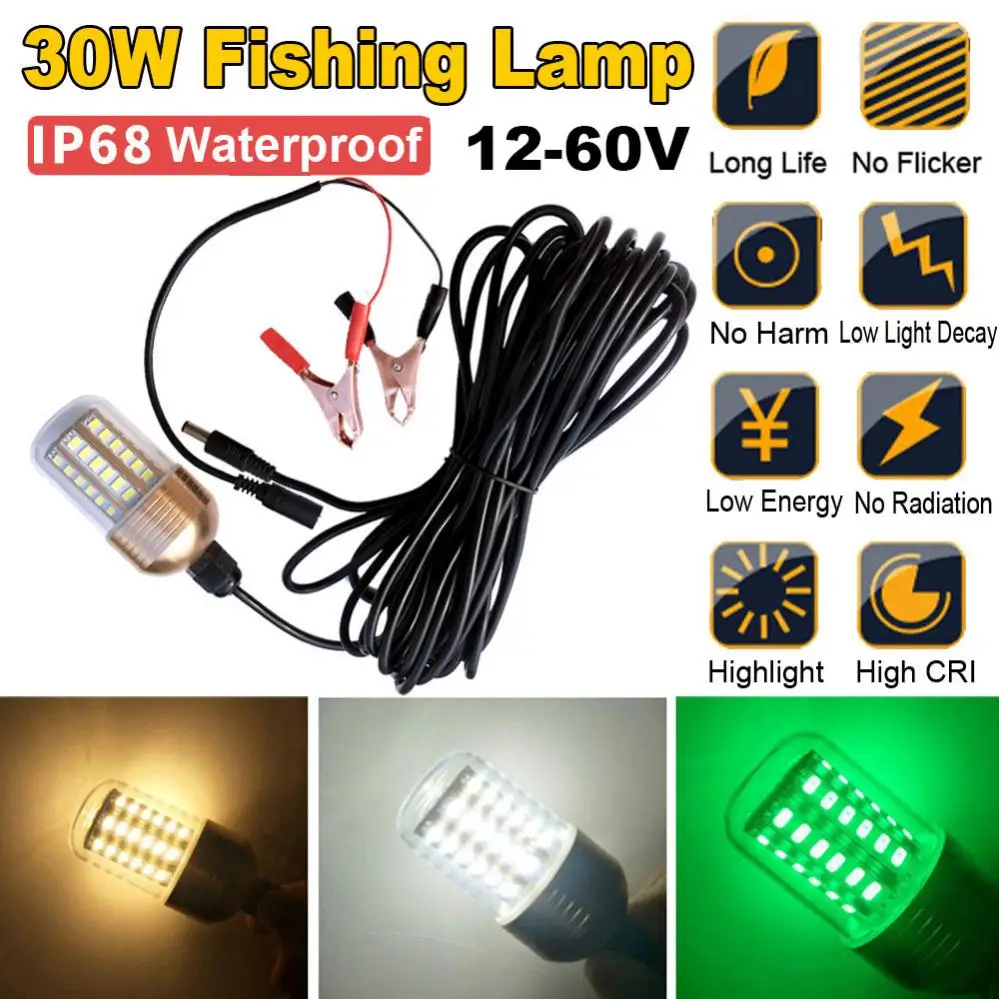 Pop 30W 12V-60V Green Underwater Fishing Lights 60Pcs 5730 LED Fishing Light / Lures Fish Finder Lamp Attracts Prawns / Squid /K