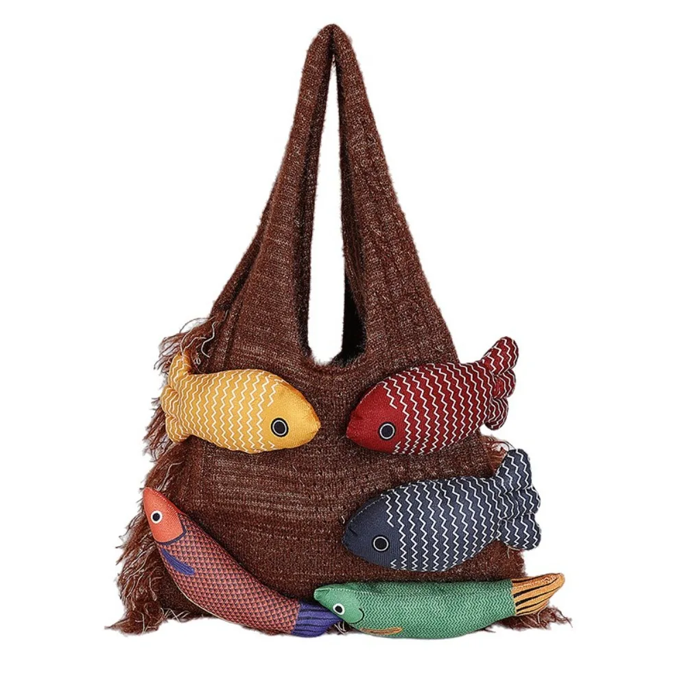 

Casual Fish Pattern Woven Bag Large Capacity Contrast Color Knitted Tote Bag Korea Style All-match Boho Shoulder Bags Commuting