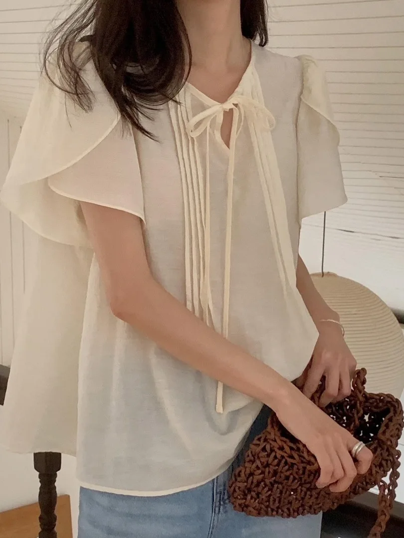 

Summer New Sle Women's irt Loose Floral Sve Bow Tie Fre Gentle Wind Casual Chic ort Sve Cotton Blend Top