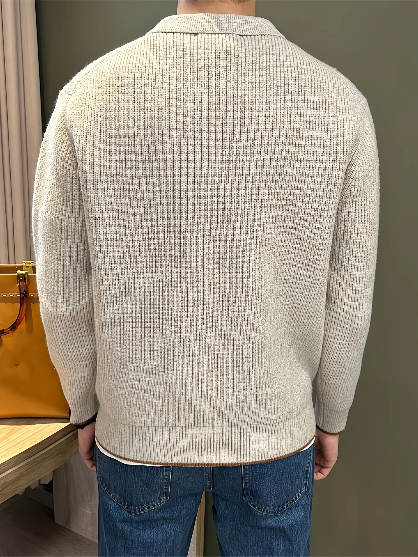 Herren-Polokragen-Strickpullover, Herbst-Winter, Langarm, Knopfleiste, gerippte Textur, lässig, Business, Pendler, einfarbig, Revers – Detail 8