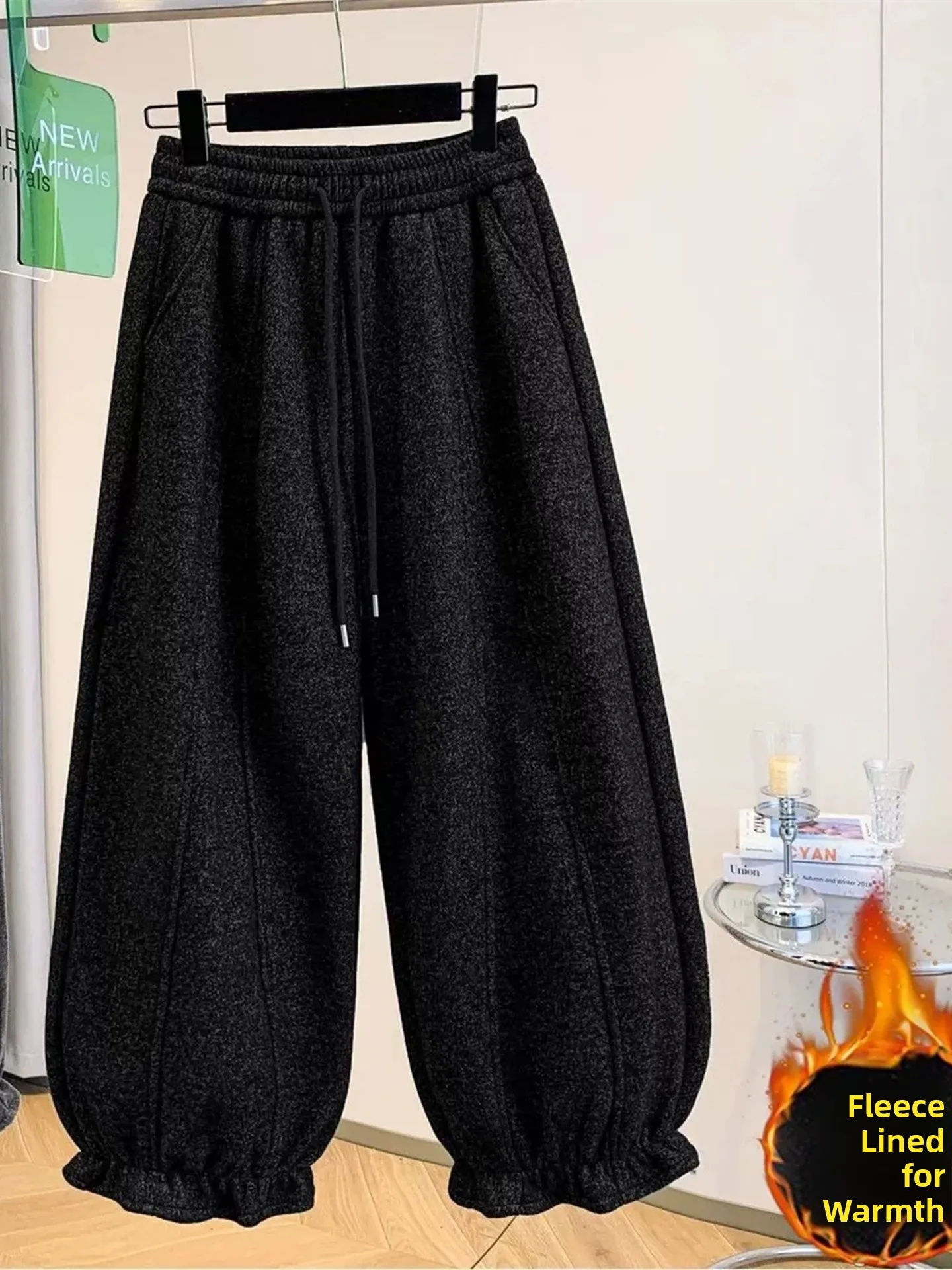 Women's Fleece Lined Wide Leg Balloon Pants High Waist Sports Harajuku Style Floral Print Trousers Winter Casual Fashion