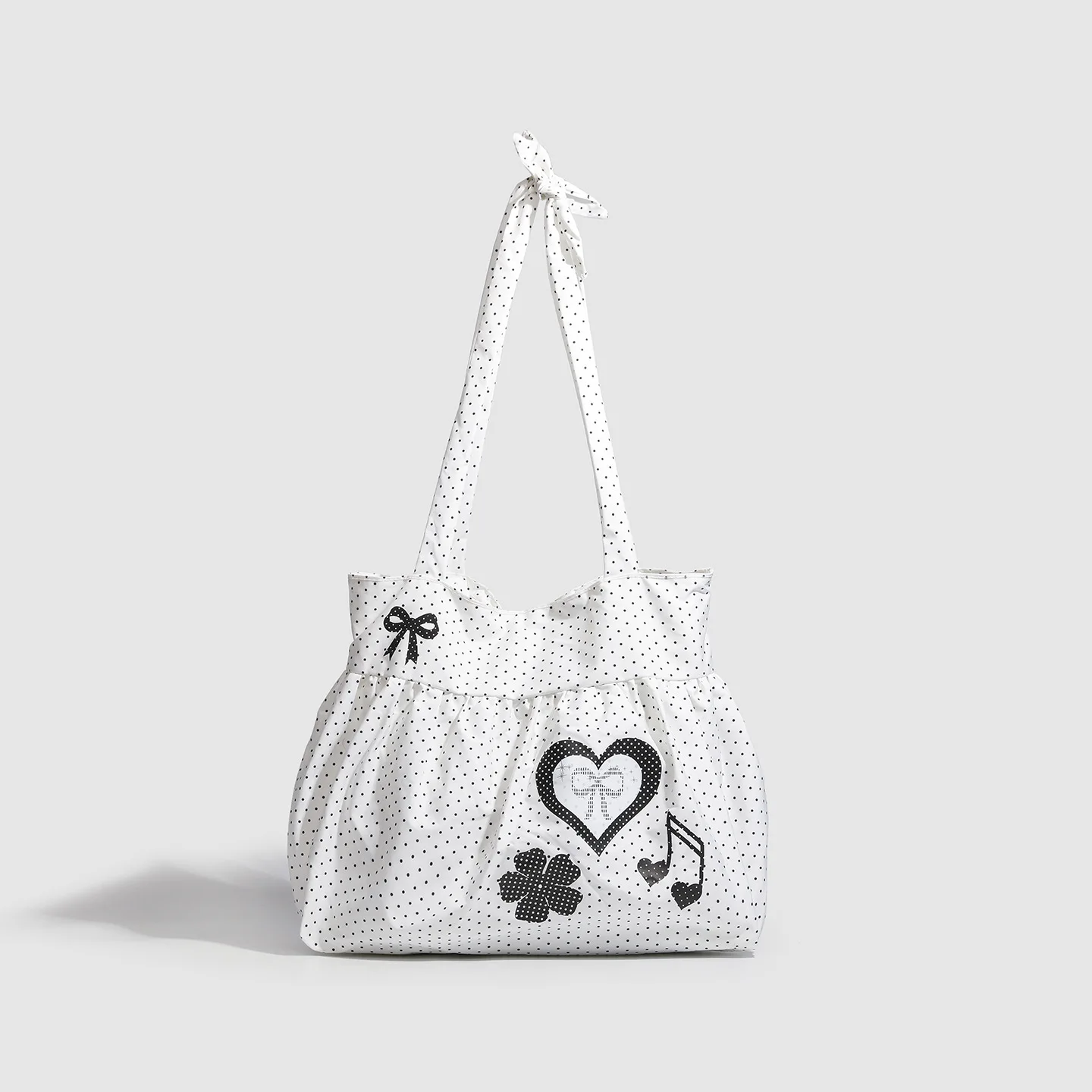 Women's Bag, Korean Style Polka Dot Tote Bag, Cute Bow, Heart-Shaped Retro Note Shoulder Bag, Large Capacity Cotton Cloth, Trave