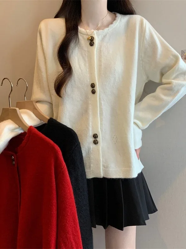 

Korean O-neck Red Long-sleeve Knitted Pullover Tops For Women's Autumn Black Casual Loose Office Versatile Cardigan Shirt Japan
