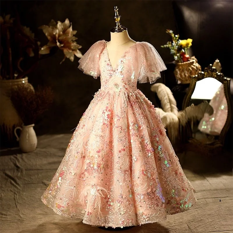 Kids Princess Dress For Girls Flower Sequin Lace Christening Gown Kids Clothes Elegant Party Wedding Costumes Birthday Clothing