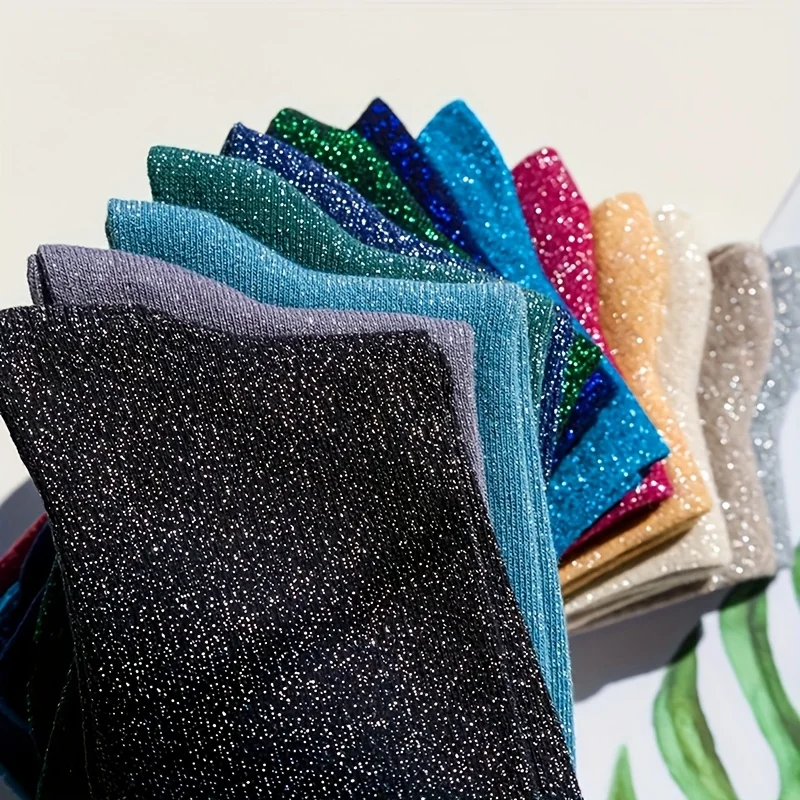 5 Pairs Of Shiny Silver Solid Color And Candy Colored Gold And Silver Thread Personalized Versatile Women's Mid Tube Socks