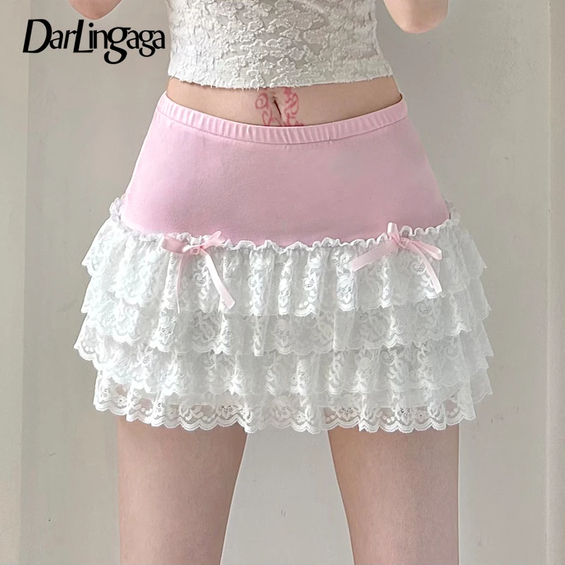 

Darlingaga Hotsweet Korean Bow Mini Skirt Lace Patchwork Ruched Cute Coquette Summer Skirts for Women Cutecore Lolita Contrast