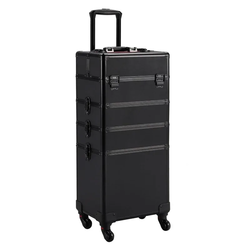 

4 in 1 Professional Makeup Train Case Aluminum Cosmetic Case Rolling Makeup Case Extra Large Trolley Makeup Travel Org