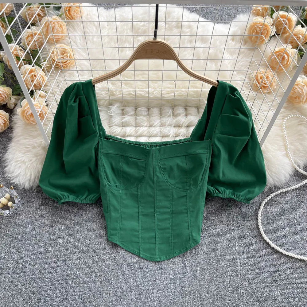 Elegant Sexy puff sleeve Square Collar Blouse Chic Pullover Vintage Shirt  Korean Women Summer crop Top