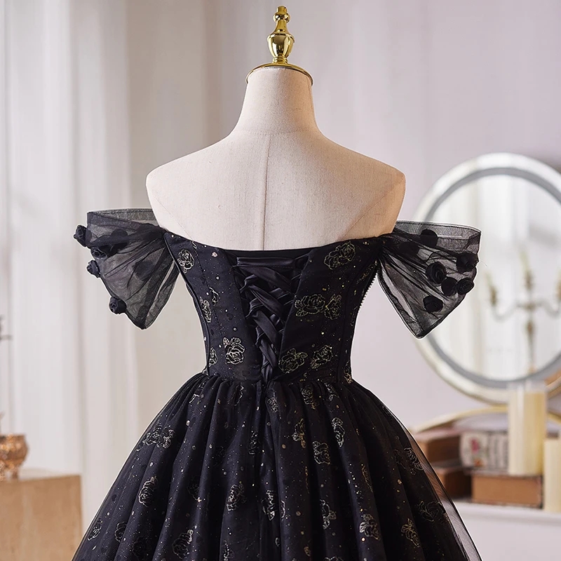 AnXin SH princesa flor negra encaje cuello barco rebordear cristal encaje hasta fiesta corto vestido de noche personalizado pequeño vestido negro