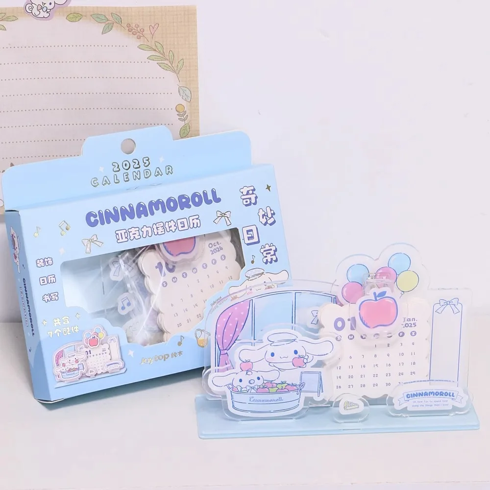 Sanrio calendário 2025 ornamentos de mesa acrílico kawaii kuromi minha melodia cinnamoroll novos notas de check-in placa de mensagem mensal presente