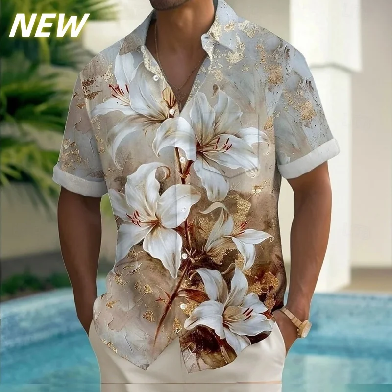 

Luxurious Flowers Pattern Short Sleeve Shirt For Men Plant 3D Printed Hawaiian Shirts Lapel Tops Harajuku Fashion Button Blouse